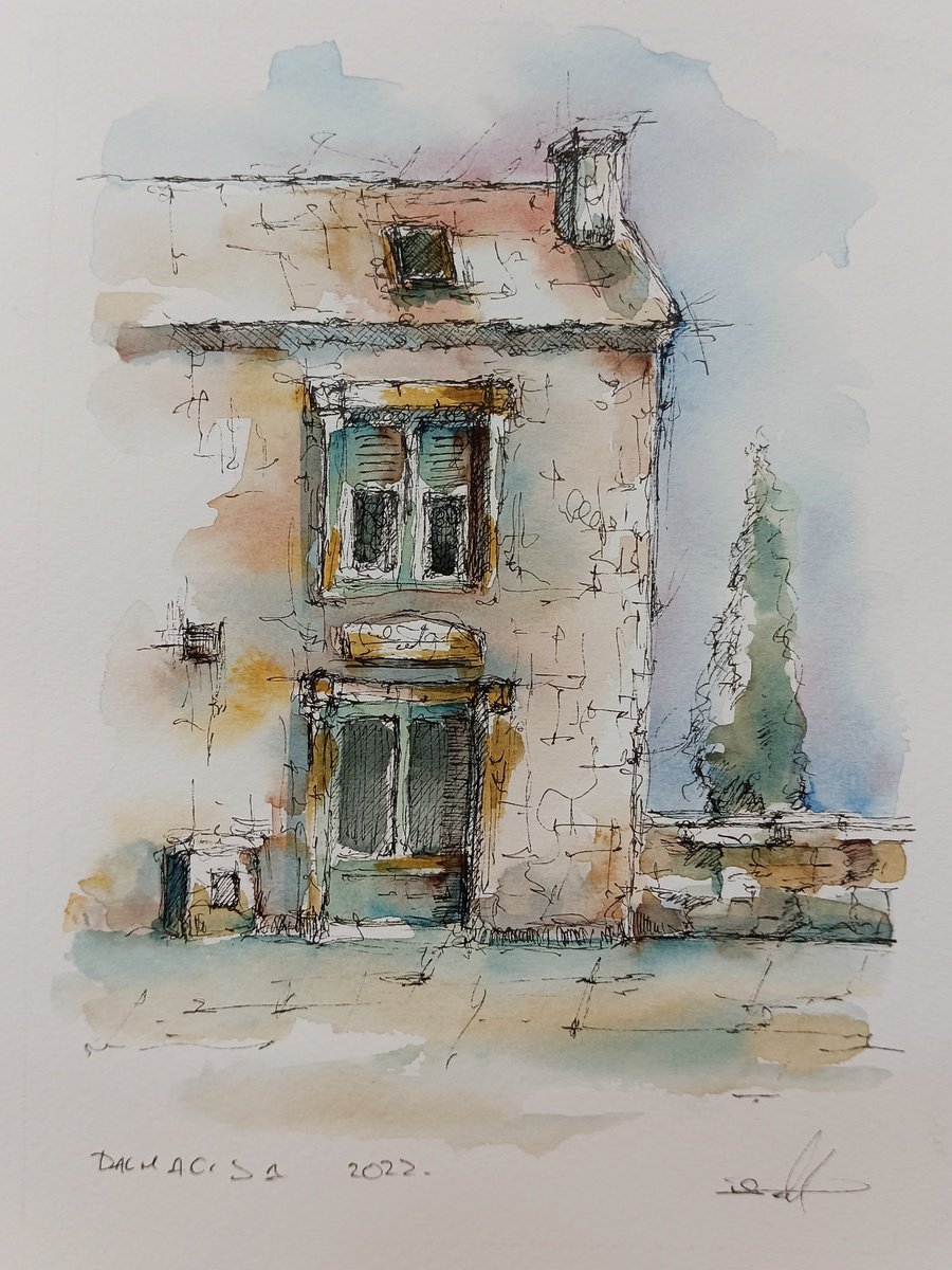 Old house in Croatia. Ink and watercolor art by Marinko Saric
