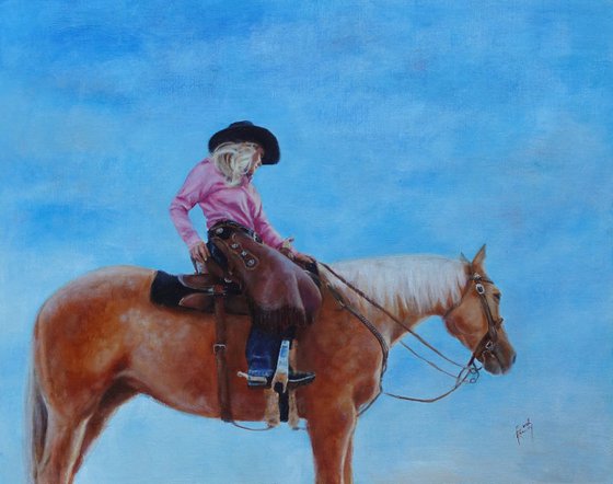 Western art, cowgirl and palomino, stunning detail, original oil ,"Turquoise and Gold", 16 X 20 " unframed