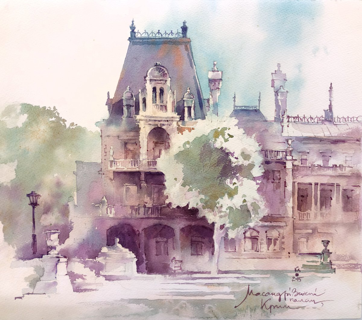 Massandra Palace in Yalta original watercolor painting in bright colors by Ksenia Selianko