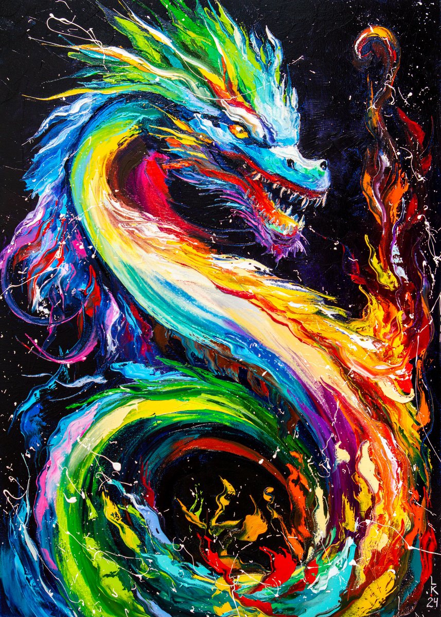 Surrealistic Animal Oil Painting By Liubov Kuptsova, 20 X 28", Fire Dragon, Original Artwork