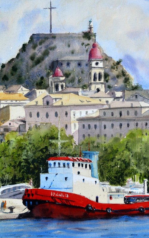 Big red tug-boat Kerkyra Corfu Greece 53x35cm 2020 by Nenad Kojić watercolorist