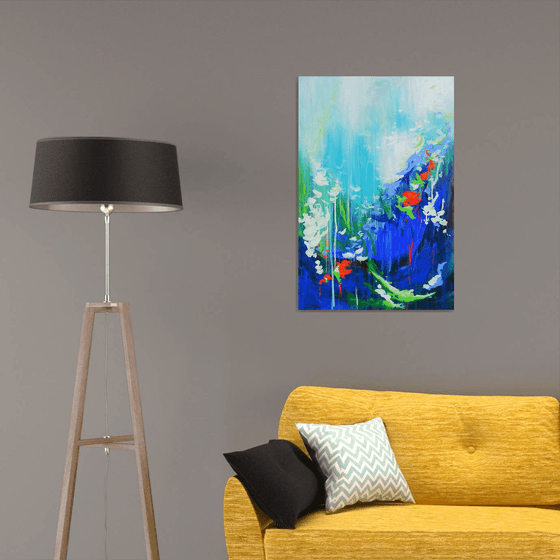 Abstract Flowers Modern Floral Landscape Painting. Blue, Red, Green, Violet, Teal, Abstract Tropical Flowers and Birds. Original Botanical Garden Painting on Canvas. Modern Impressionistic Art