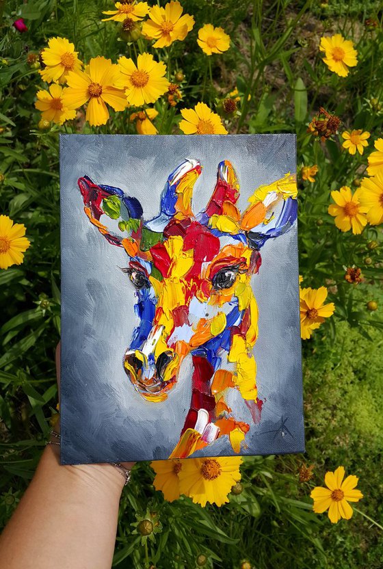 Giraffe - animal, animal face, abstractionism, painting on canvas, gift, animals art, animals oil painting, palette knife