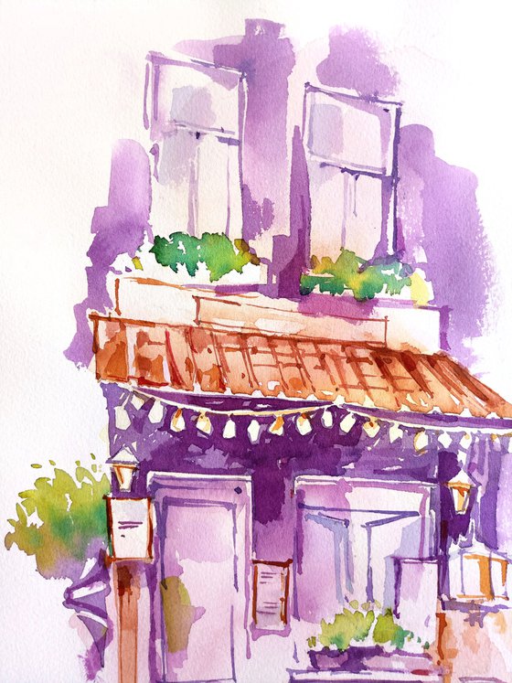 Urban romantic landscape "Summer cafe in the old town" original watercolor painting