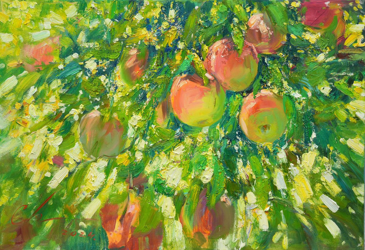 Impressionistic Still Life Oil Painting By Serhii Cherniakovskyi, 26 X 18", Apples In The Garden, Original Artwork