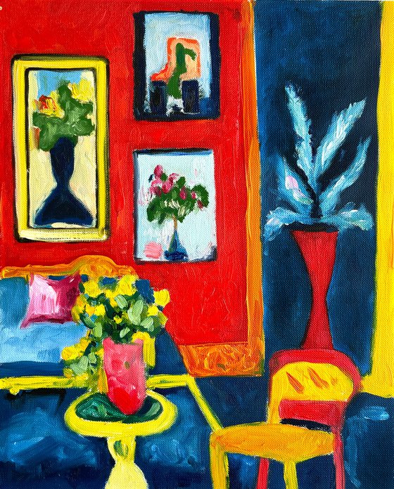 Red room with three paintings