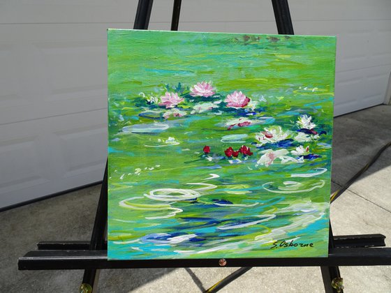 Water Lily Pond Small Floral Painting. Green Painting on Canvas. Modern Impressionism Art