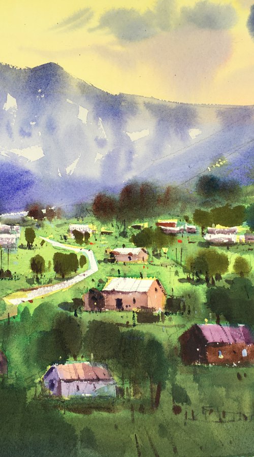 Ukrainian Carpathians. Mountains landscape original watercolor painting by Andrii Kovalyk
