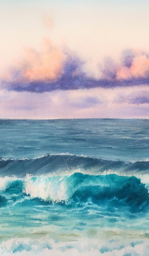 Pacific Coastal Sunset Surf by Olga Beliaeva Watercolour