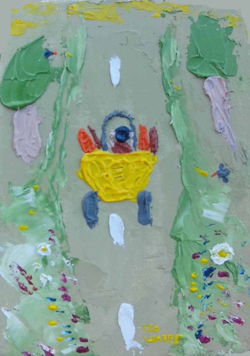 Naive Transport Oil Painting By Ted Wates, 5 X 7", Going Down The Road, Original Artwork