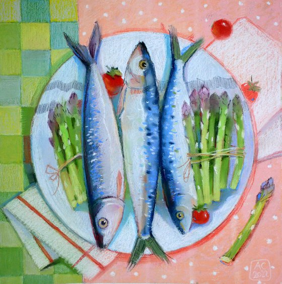Still life with fish, fresh asparagus and cherry tomatoes