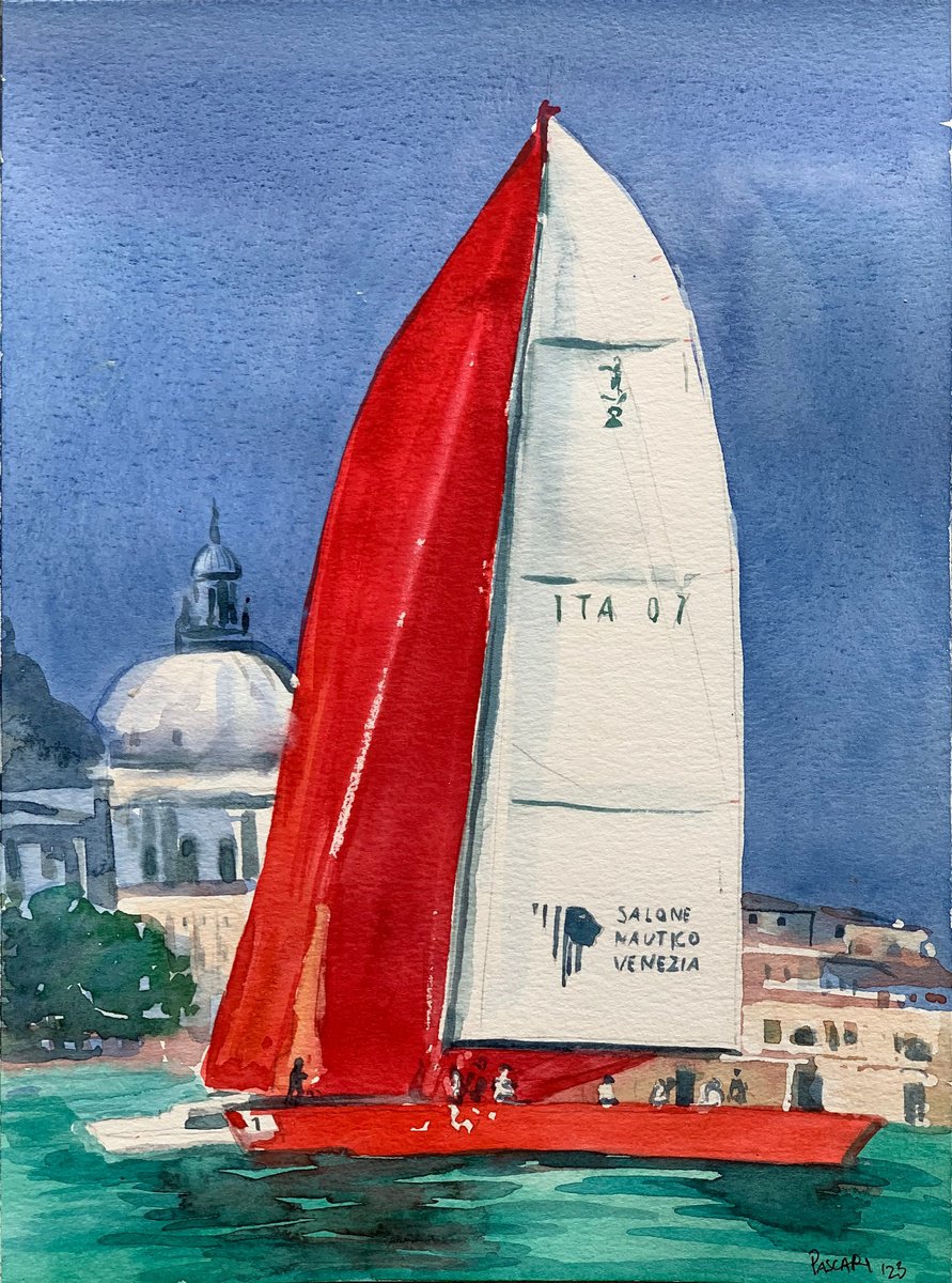 Impressionistic Landscape Watercolour By Olga Pascari, 8 X 11", Sailboat Venice, Original Artwork