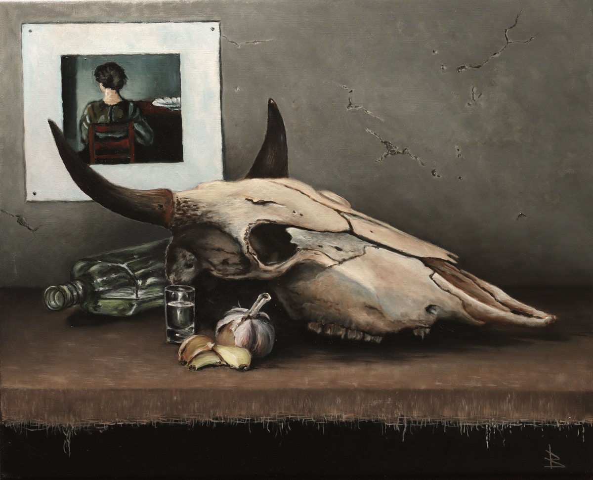 Impressionistic Still Life Oil Painting By Oleg Baulin, 24 X 19", Vodka And Garlic, Original Artwork