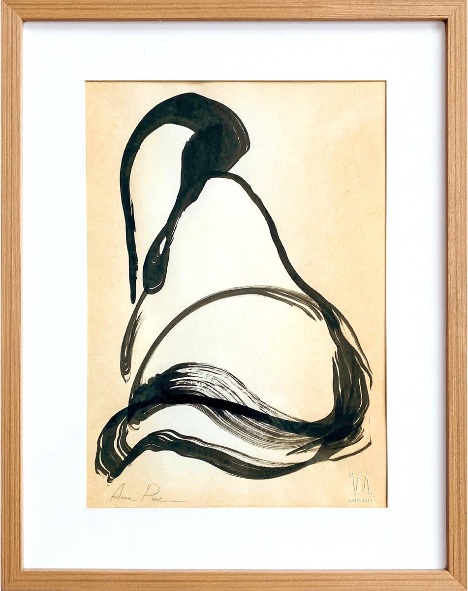 Abstract Ink Drawing By Anna Pepe, 17 X 22, Silhouette, Framed, Original Artwork