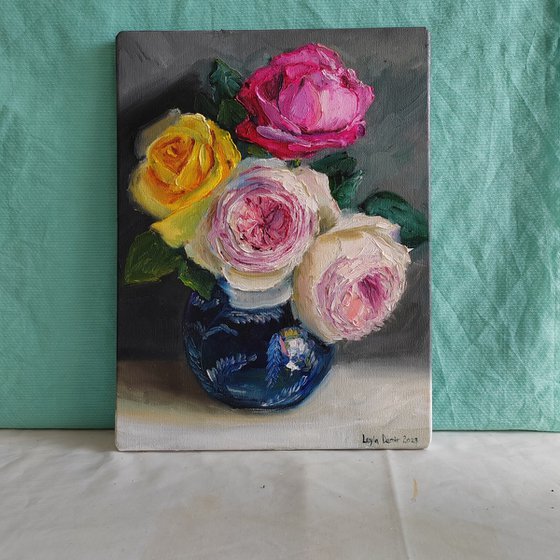 Pink and white roses bouquet in porcelian vase oil painting original still life 12x16"