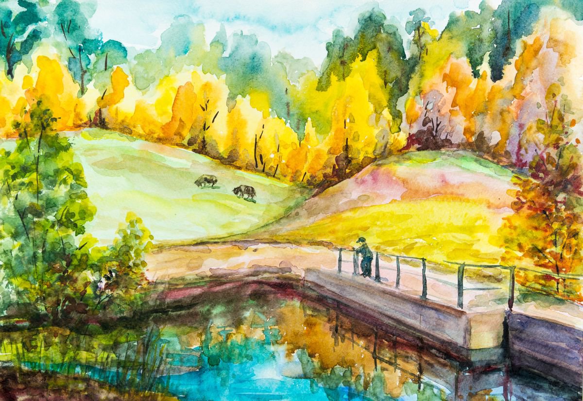 Impressionistic Landscape Watercolour By Galyna Shevchencko, 17 X 12, Fall In The Village, Original Artwork