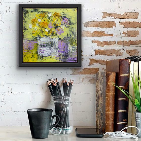 Yellow still life with lilac roses