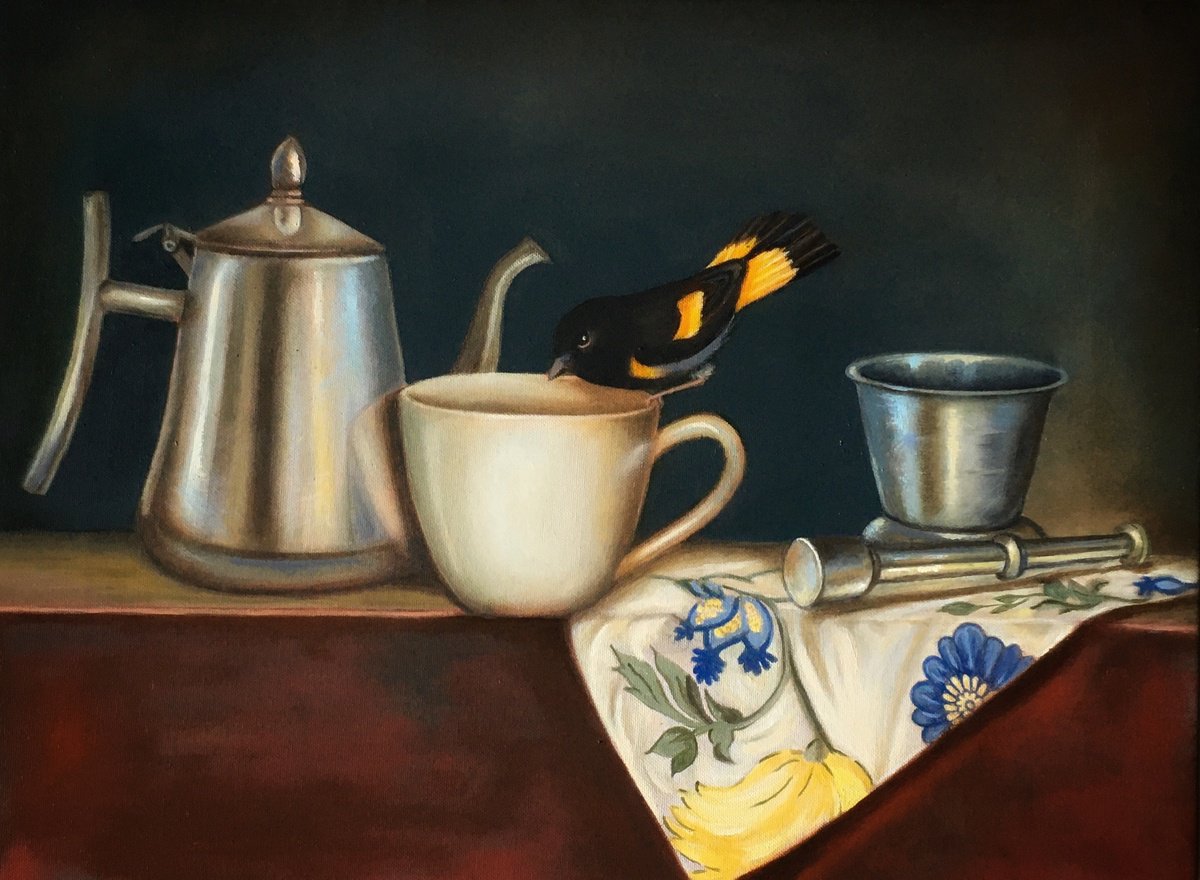 Photorealistic Still Life Oil Painting By Priyanka Singh, 16 X 12", Teapot, Cup And Bird, Original Artwork