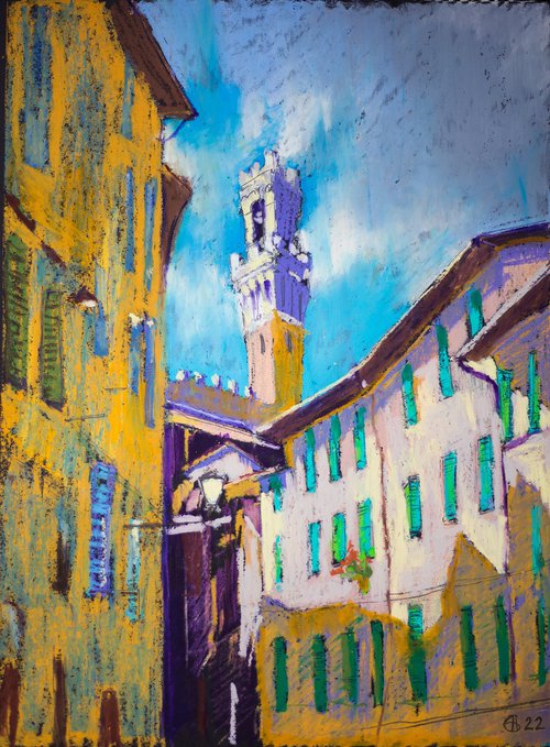 Siena. View of the tower from the street corner. Medium oil pastel drawing bright colors Italy by Sasha Romm