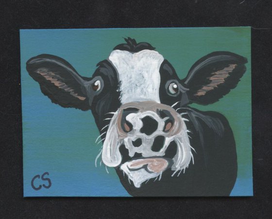 ACEO ATC Original Painting Black White Cow Farmyard Animal Pet  Art-Carla Smale