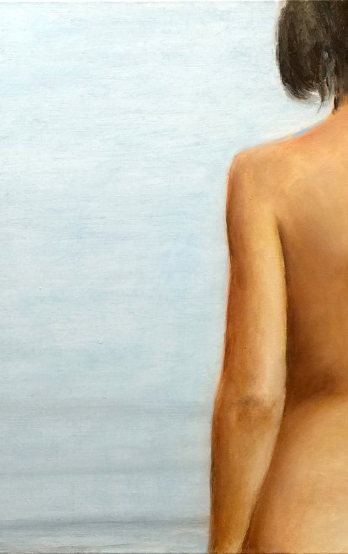 Silence - figurative painting of a woman going into the sea. by Leonid Plekhanov