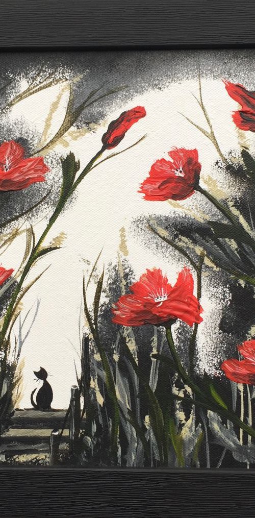 Cat in the poppy field by Marja Brown