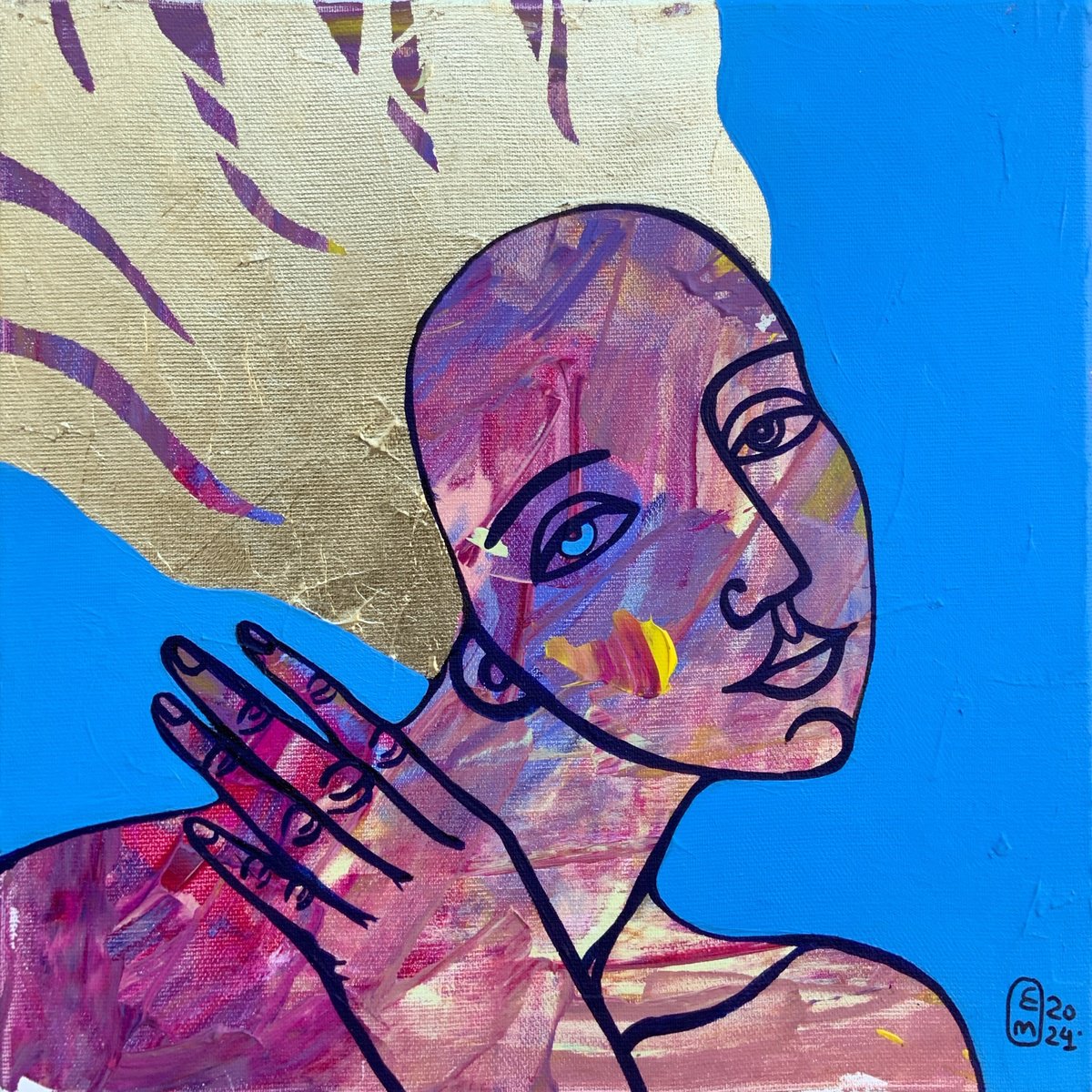 Naive Portrait Acrylic Painting By Elena Tomilova, 12 X 12, Memories, Original Artwork