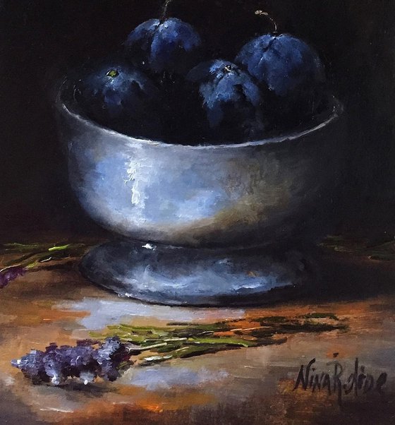 Blue Plums and Lavender Still Life Original Oil Painting