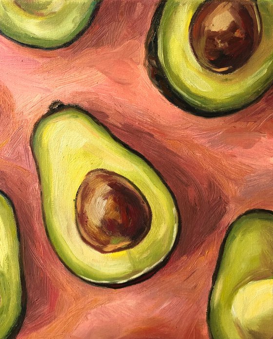 OTHER HALVES, Original Vibrant Minimalist Still life Avocados Oil Painting