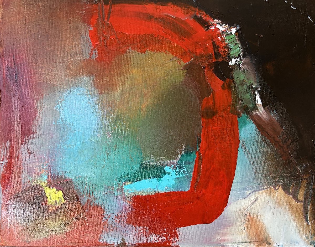 Expressive Abstract Oil Painting By Ludmila Budanov, 20 X 16", Red Line, Original Artwork