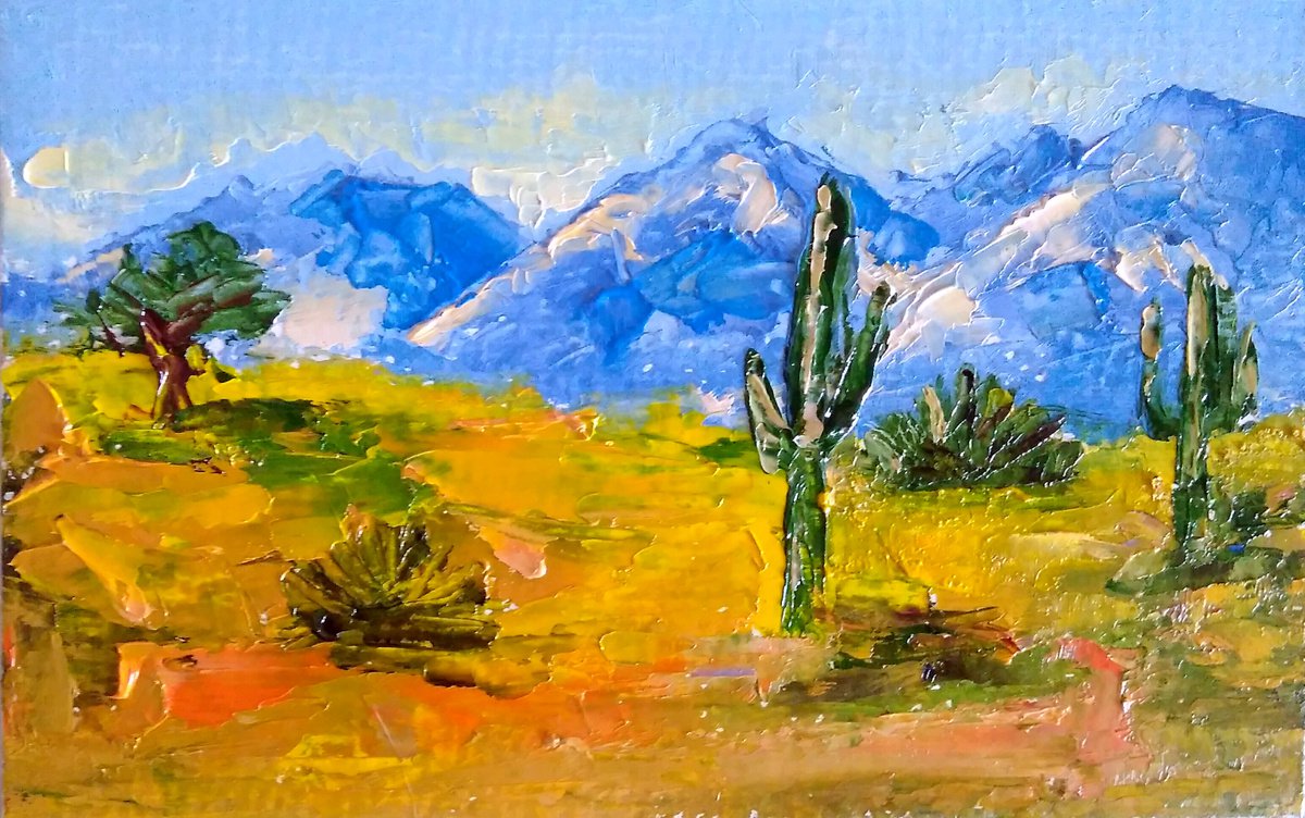 Cactus Painting Original Art Sonora Desert Artwork Arizona Wall Art Mountain Landscape by Yulia Berseneva