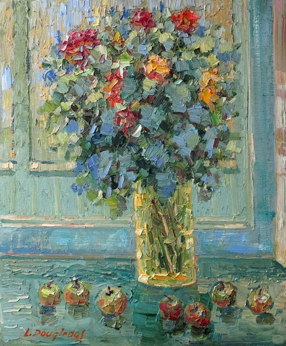 The vase of flowers in the interior