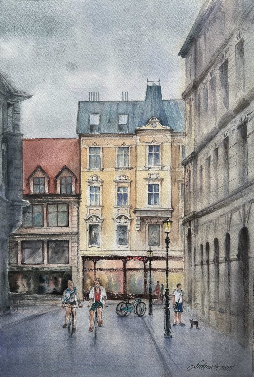 Impressionistic Cityscapes Watercolour By Yuliia Ludanova, 15 X 22", Rainy Day In Ljubljana, Original Artwork