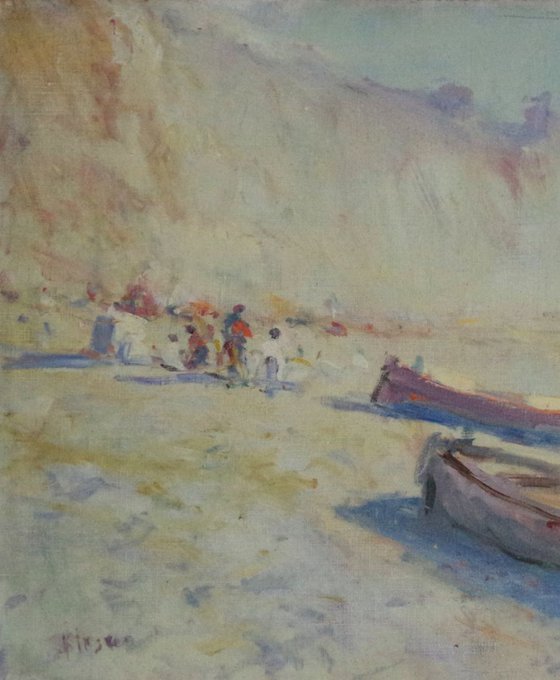 Fishing Boats, Seascape Original oil Painting,Handmade art, Impressionism, One of a Kind