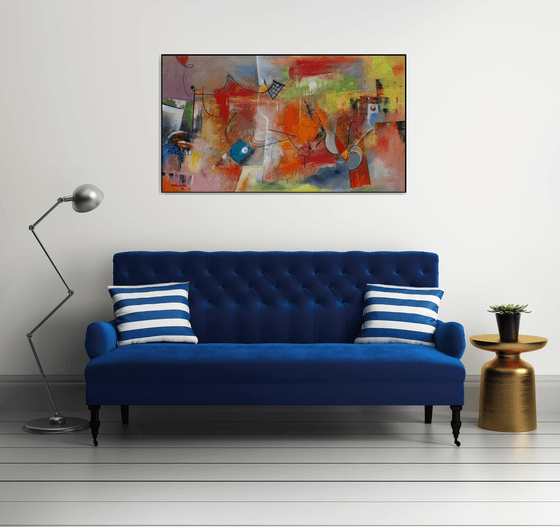 The Heat Of The Day, Large abstract painting, Original art, Oil on canvas, horizontal painting 82x145 cm, red tones