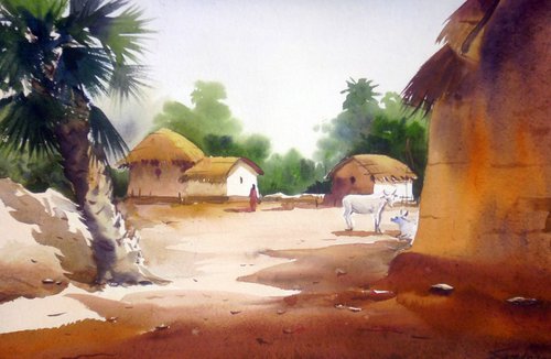 Morning Rural Village - Watercolor Painting by Samiran Sarkar