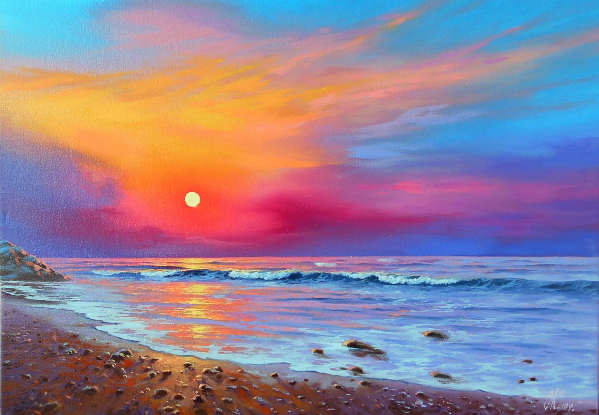 Sea During Sunset/50x35cm/Original oil on canvas/Free Shipping by Kolodyazhniy Sergey