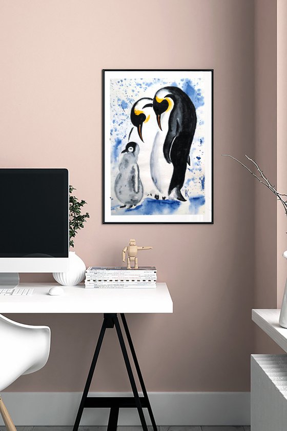 Penguin Painting Animal Original Art Wildlife Watercolor Artwork Baby Penguin Family Home Wall Art 8 by 12" by Halyna Kirichenko