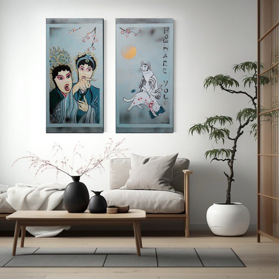 Geisha yelling at Cat-artist J260 - silver teal diptych, original art, japanese style paintings by artist Ksavera