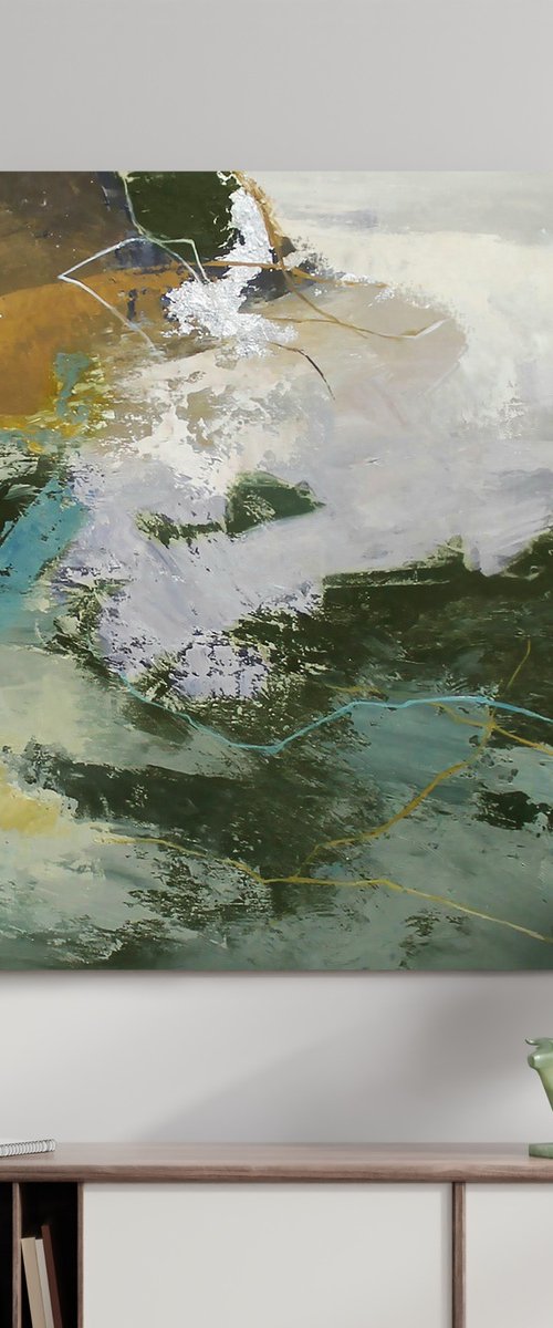 "Green Glory 4" Abstract green gray brown art by Yana Sagan