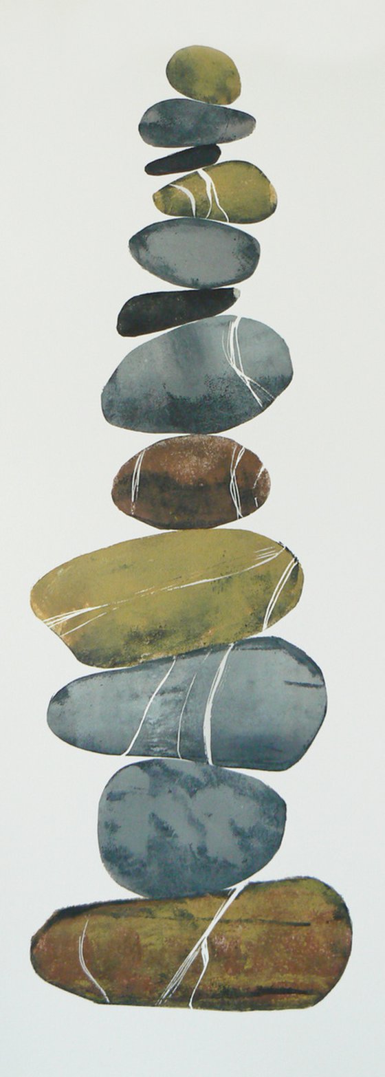 Zen stones - Twelve stones #2  (banded balancing stones lino/monoprint)