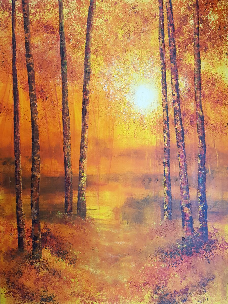Warm Light through Trees (Large trees painting) by Michele Wallington