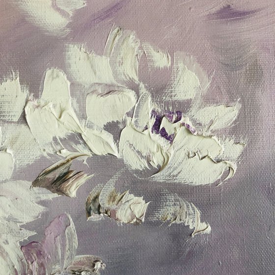 FOG IN THE GARDEN - White peonies. Abstract flowers. Shining peonies. Lilac tones. Haze. Dream. Garden.