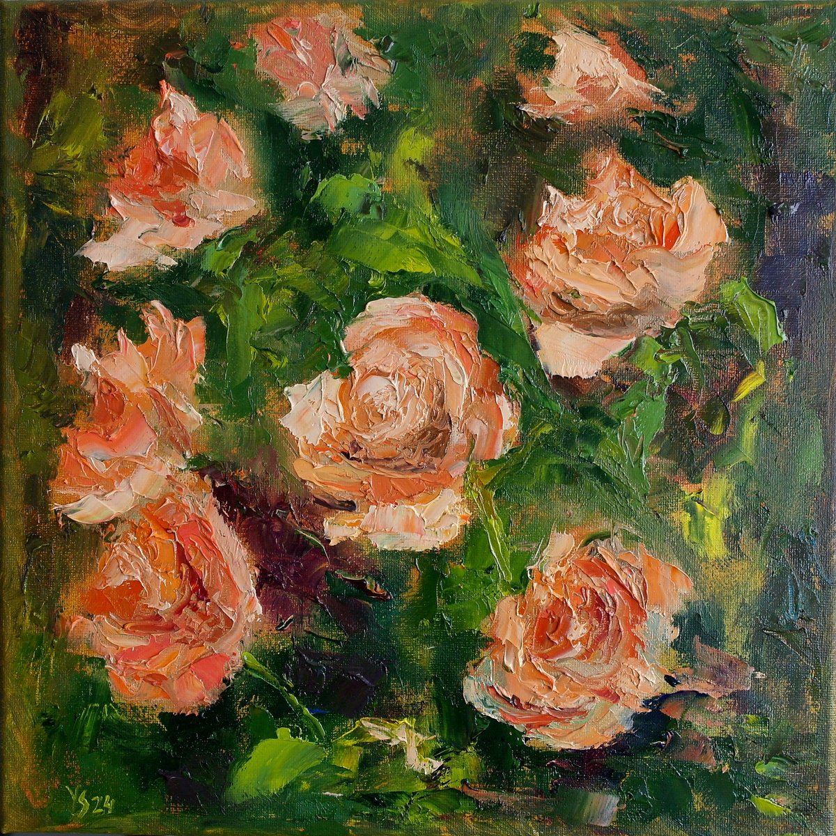 Impressionistic Botanical Oil Painting By Juri Semjonov, 12 X 12", Cream Wild Roses, Original Artwork