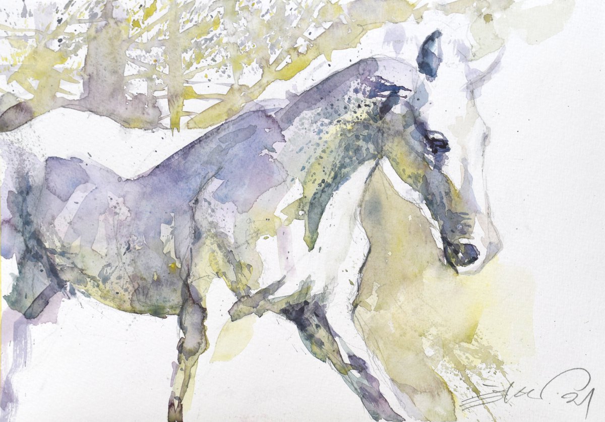 Expressive Animal Watercolour By Goran Zigolic Watercolors, 12 X 8, Running Horse In Green Violet, Original Artwork