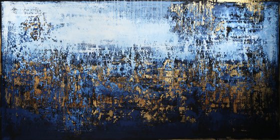 SUNNY WINTER DAY - 80 x 160 CM - TEXTURED ACRYLIC PAINTING ON CANVAS * WHITE BLUE * GOLD