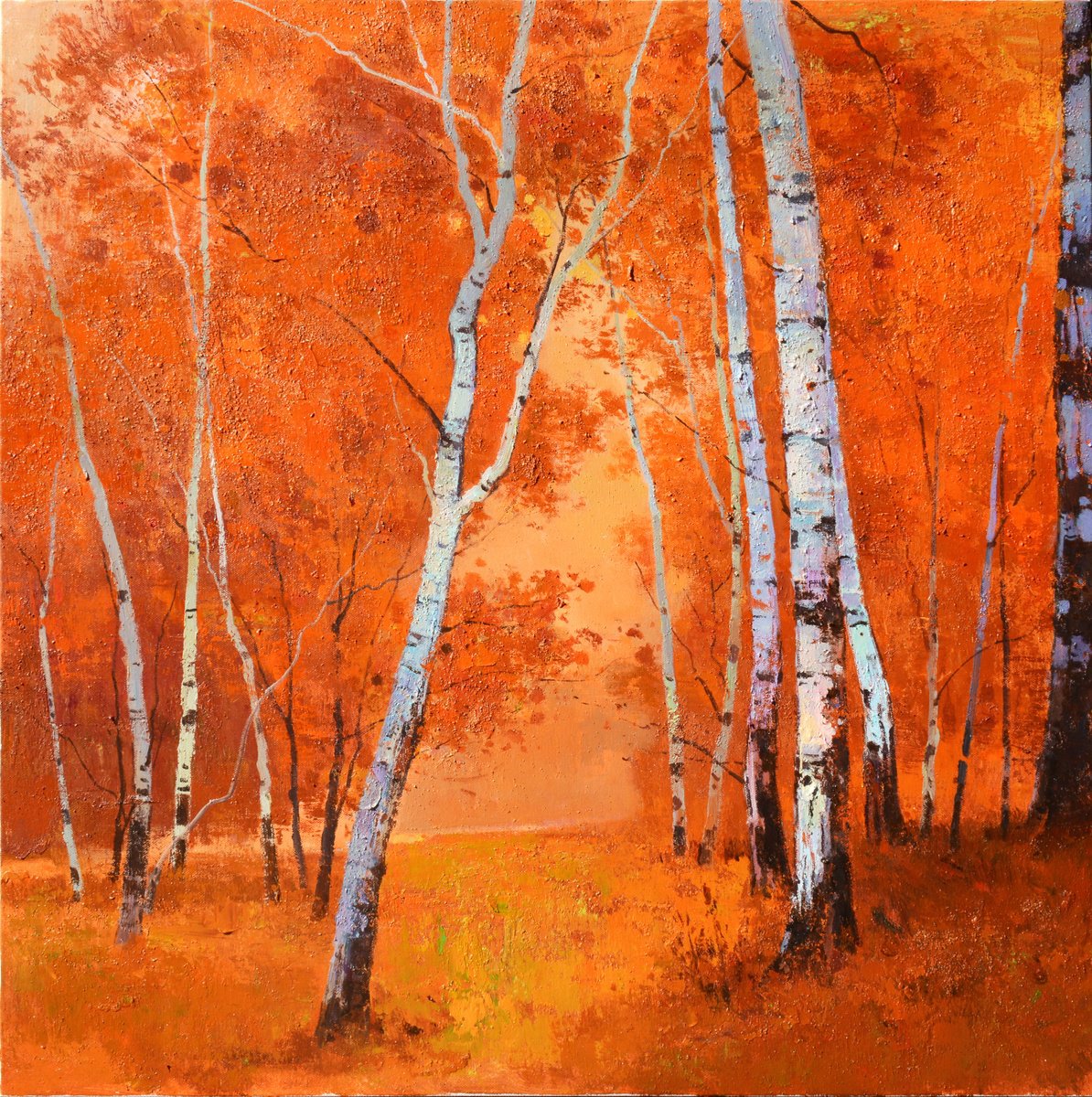 Impressionistic Landscape Acrylic Painting By Jianzhe Chon, 39 X 39, Birch Trees Forrest 086, Original Artwork