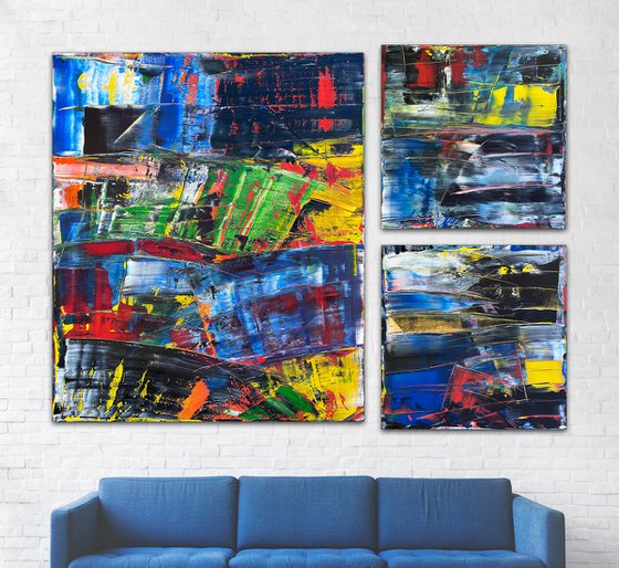 "The Gods Forgot They Made Me" - Save As A Series - Original Extra Large PMS Abstract Acrylic Painting Triptych on Gallery Wrap and Artist-Stretched Canvas - 96" x 72"