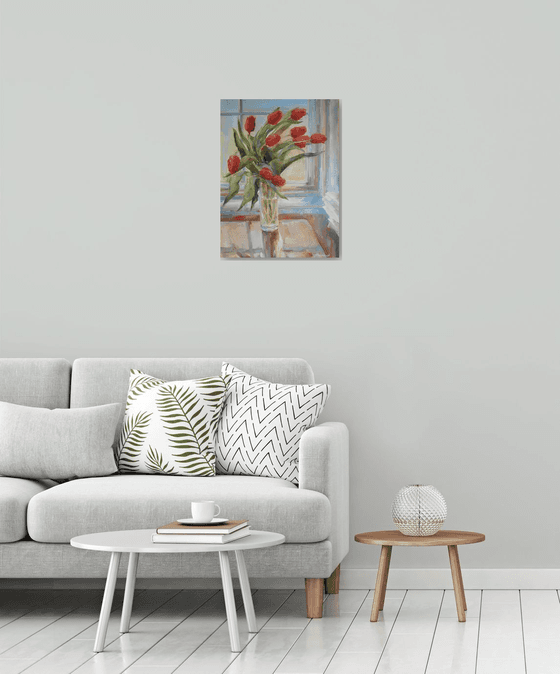 "Tulips", original one-of-a-kind, oil on canvas impressionistic style still life painting (18x24'')