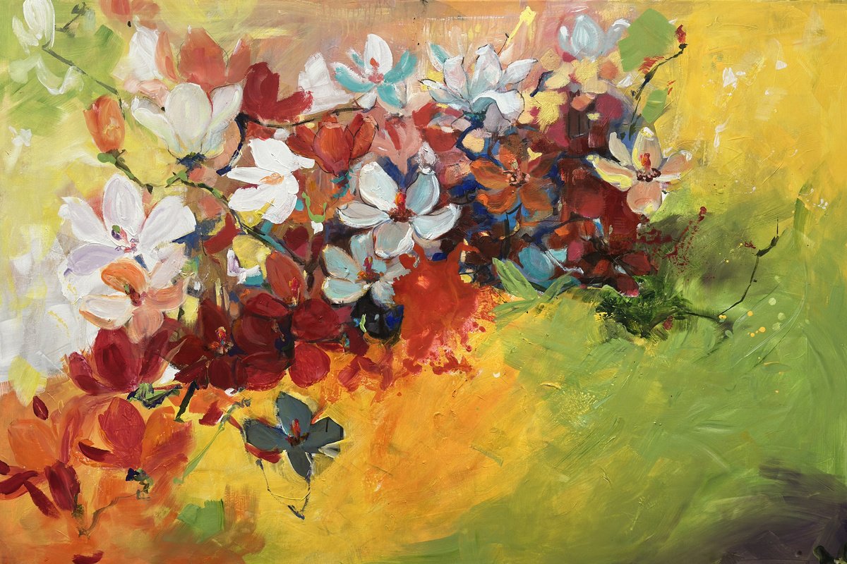 Impressionistic Botanical Acrylic Painting By Faiqa Uppal, 63 X 43, Garden On Heaven (2), Original Artwork
